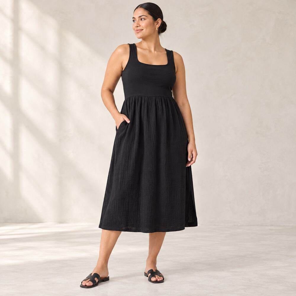 Madewell Dress WMNS M Black Rib Knit Tank Midi Pockets Cotton Modern Minimalist